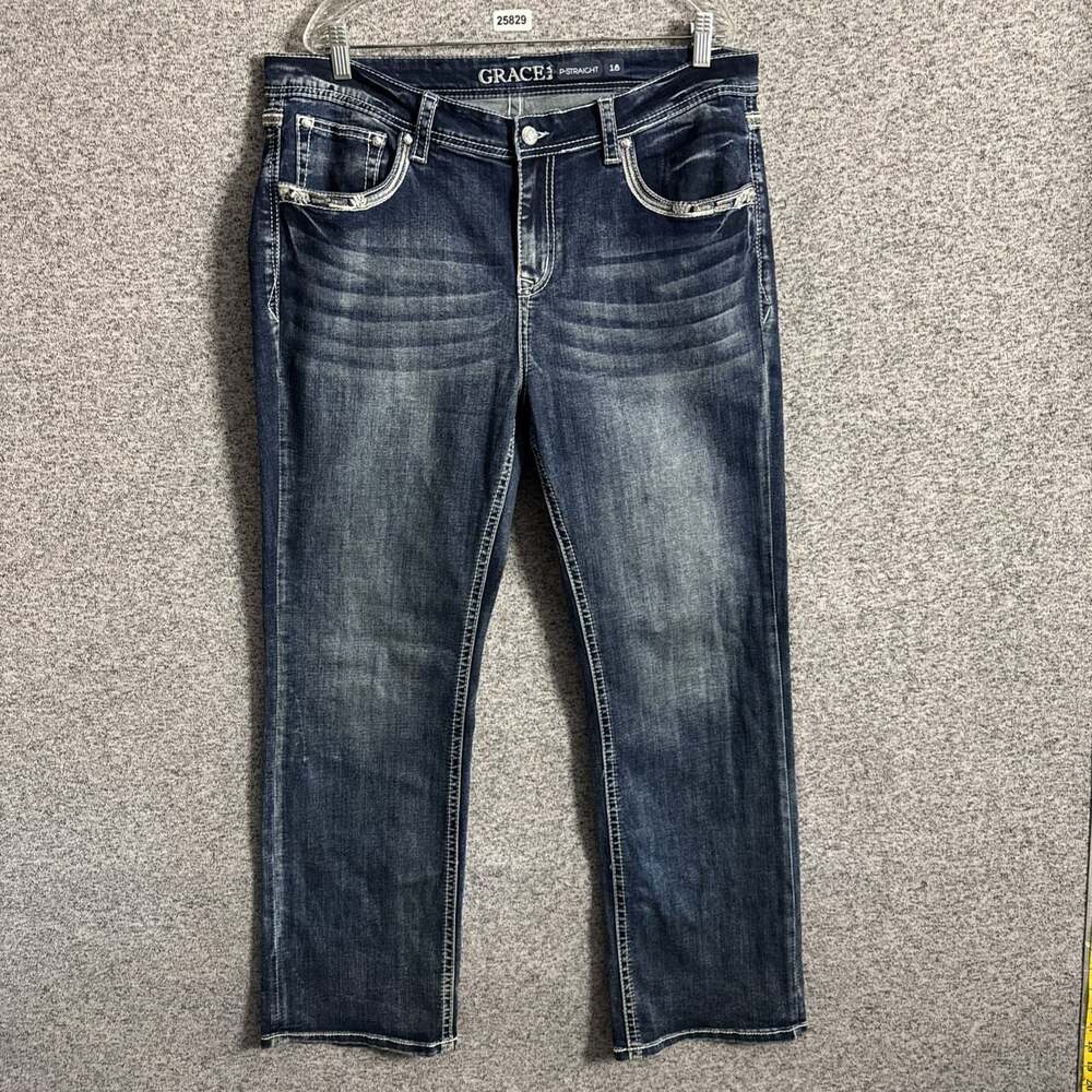 Grace In LA Women's 18P Blue Denim Rhinestone Beaded Embroidered Straight Jeans